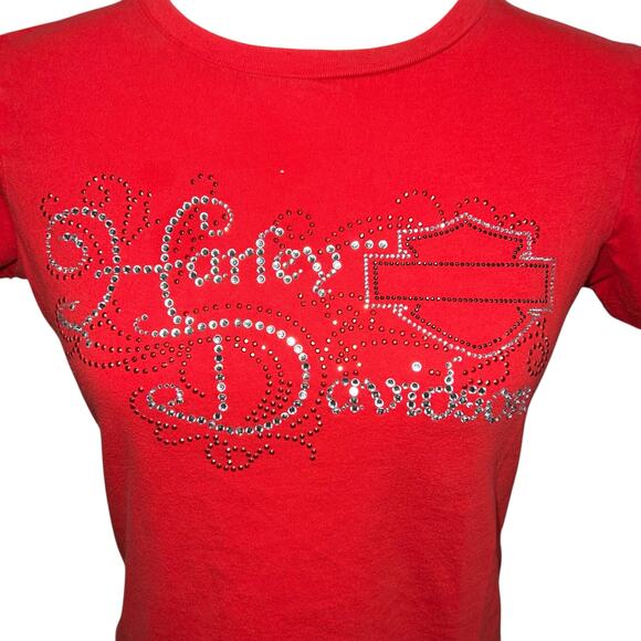 VTG y2k Women's Red Jeweled Bedazzled Harley Davidson Motorcycles T Shirt Sz S - Picture 2 of 6